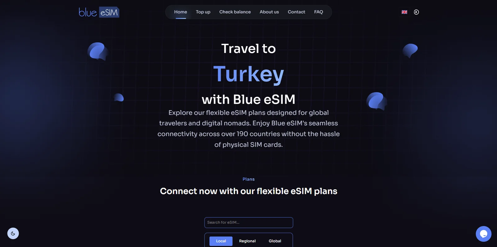 Blue eSIM travel connectivity website showing international coverage and local, regional and global plan discovery