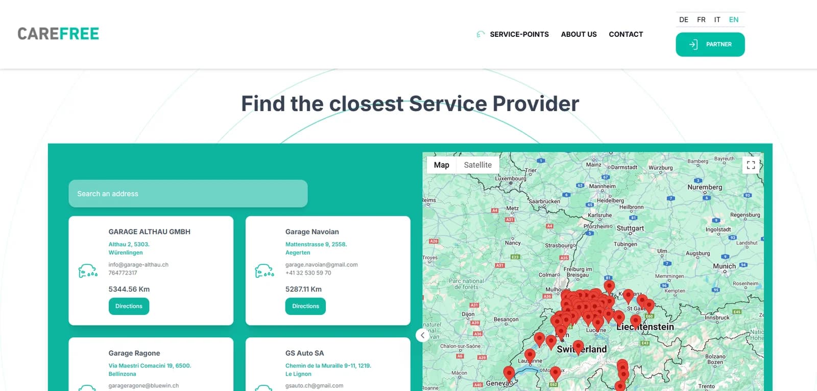 CareFree service-location finder with a searchable workshop directory and map of Switzerland